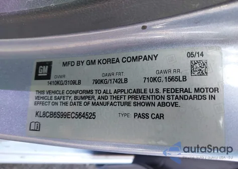 2014 Chevrolet Spark Ls Auto из США, поврежденный, VIN KL8CB6S99EC564525